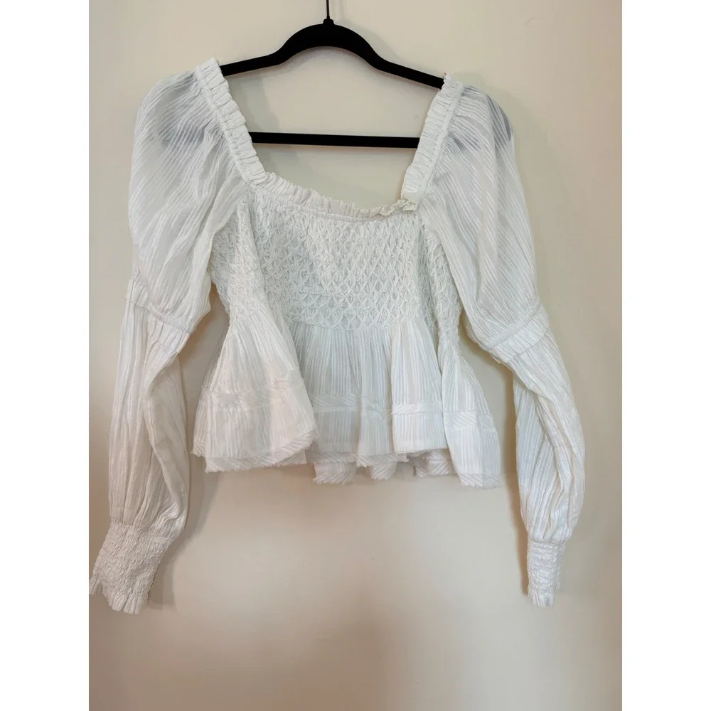 Anthropologie‎ White Smocked Peplum Blouse Square Neck Long Sleeve